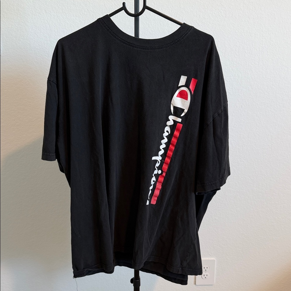 🌿 Champion Black Tee with Red and White Logo